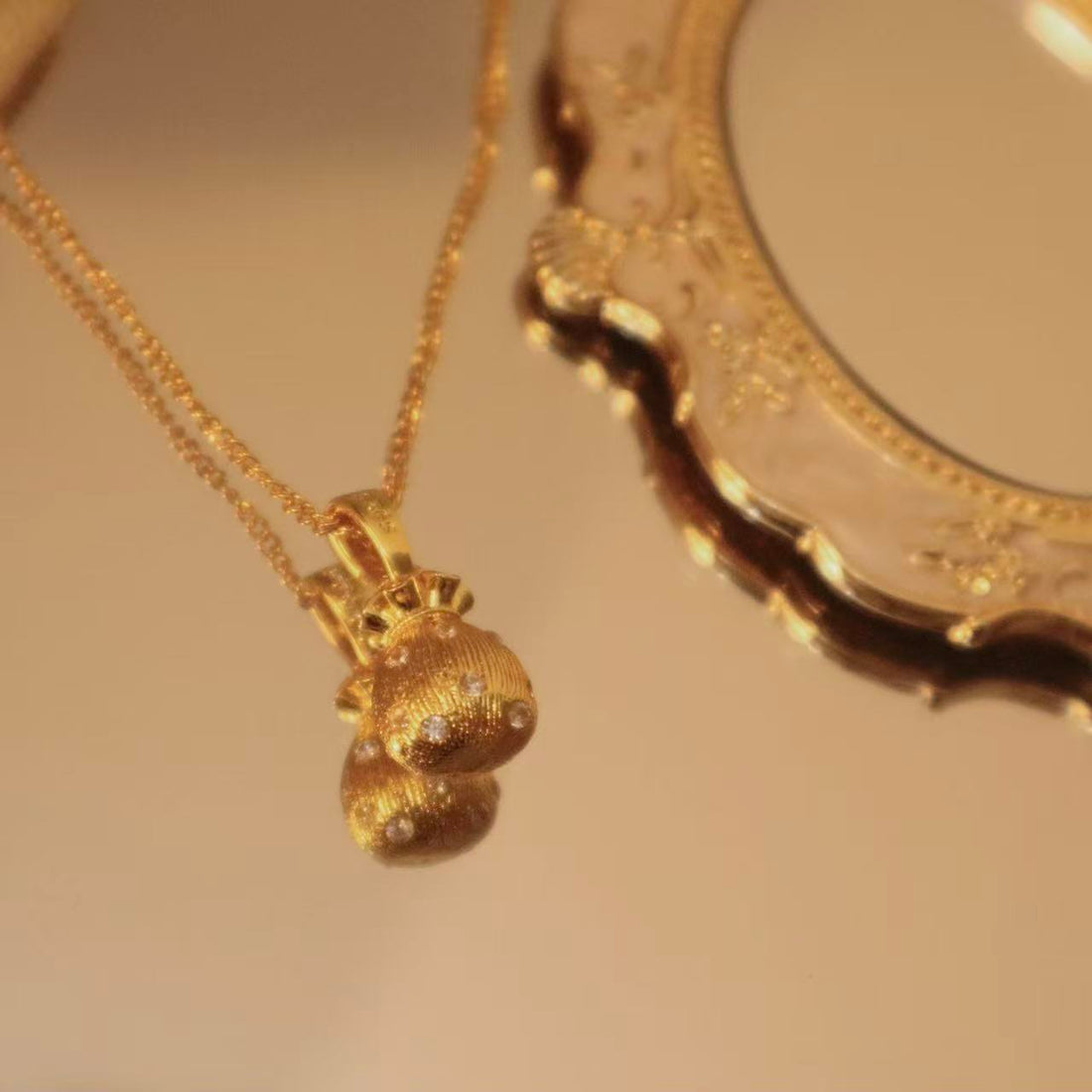 Vantage Lucky Money Bag Pendant Necklace – Electroplated Gold with Cubic Zirconia | Symbol of Wealth & Good Fortune