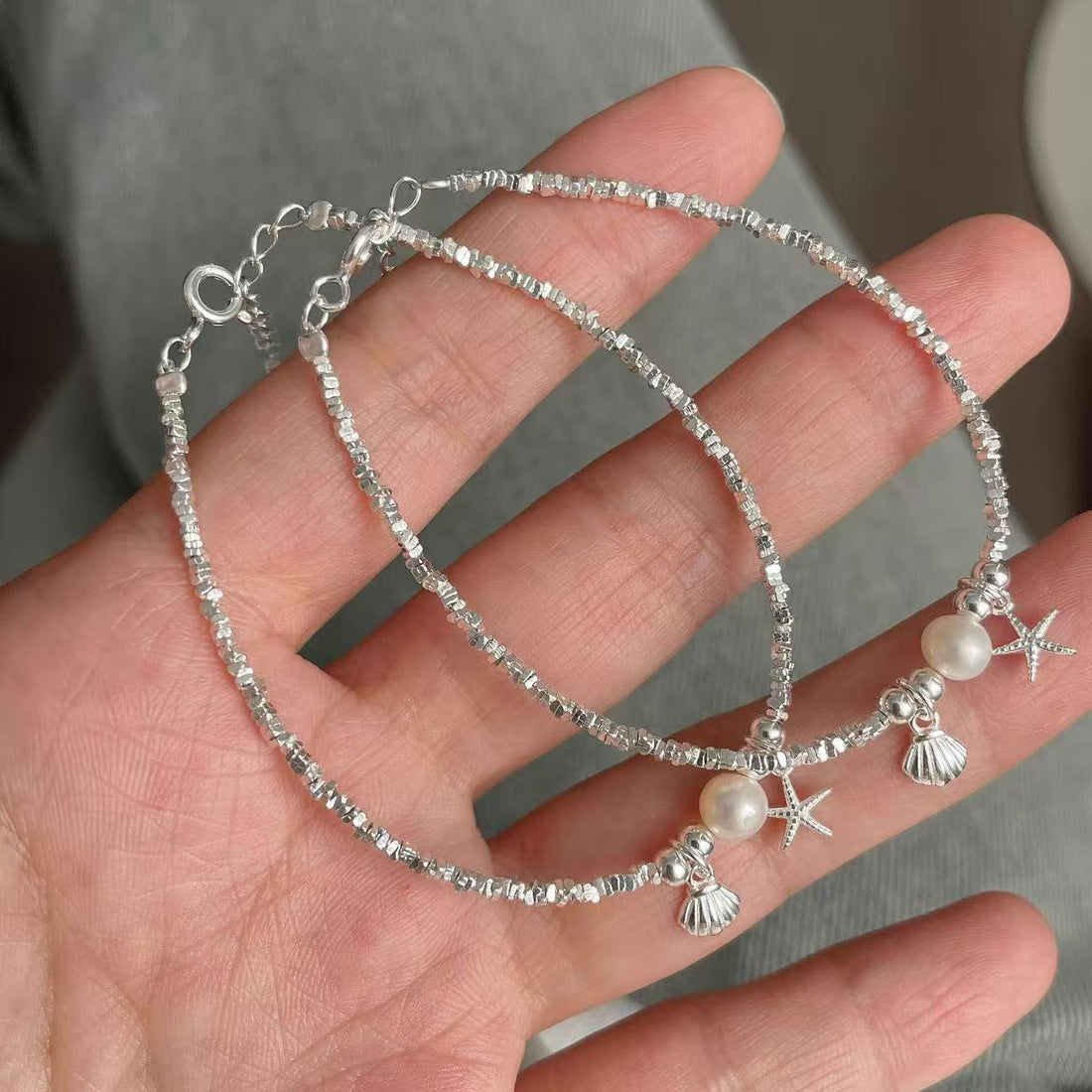 925 Sterling Silver Crystal Charm Bracelet Star & Shell Detail