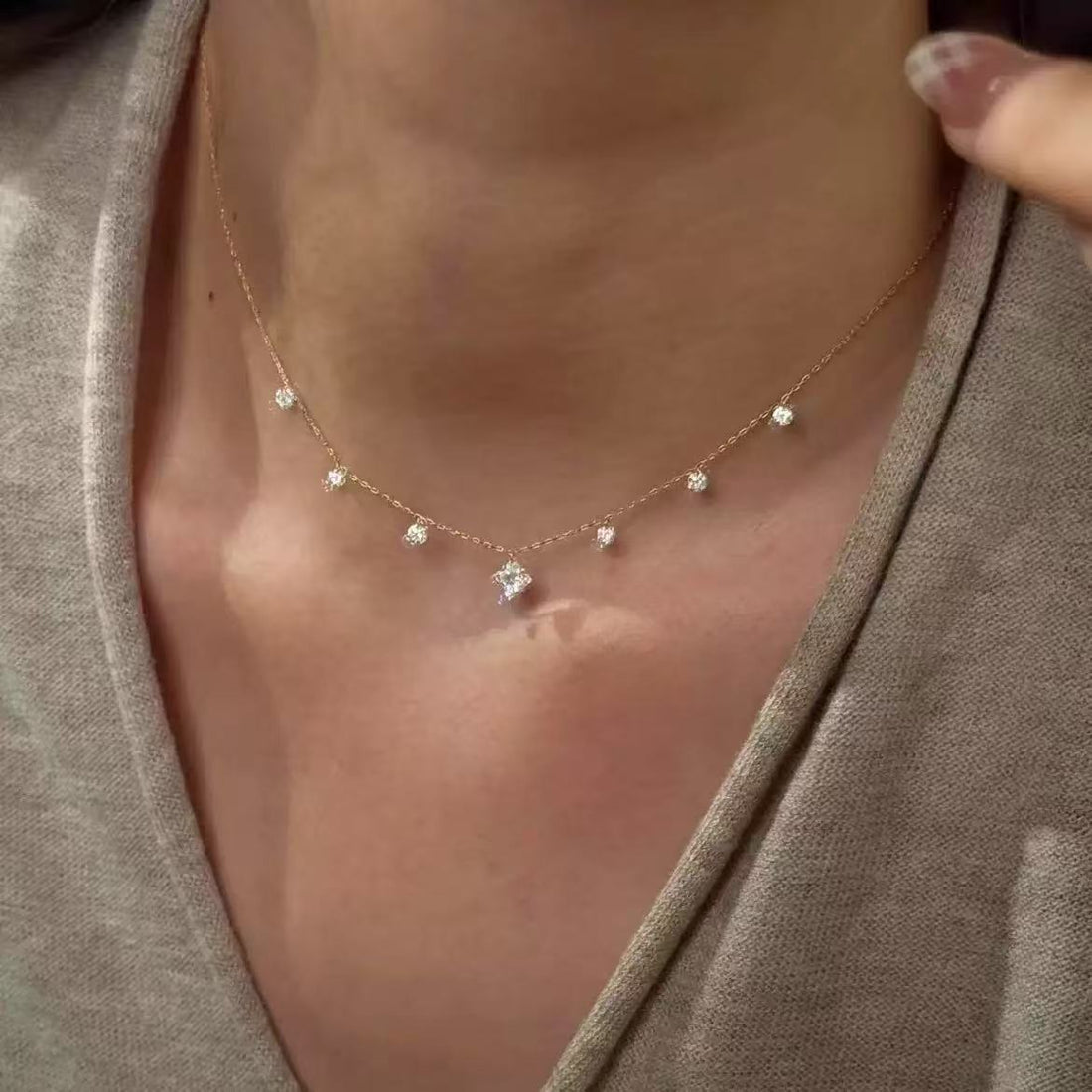 18K Gold Plated Sterling Silver Station Necklace with Drop Charm ✨